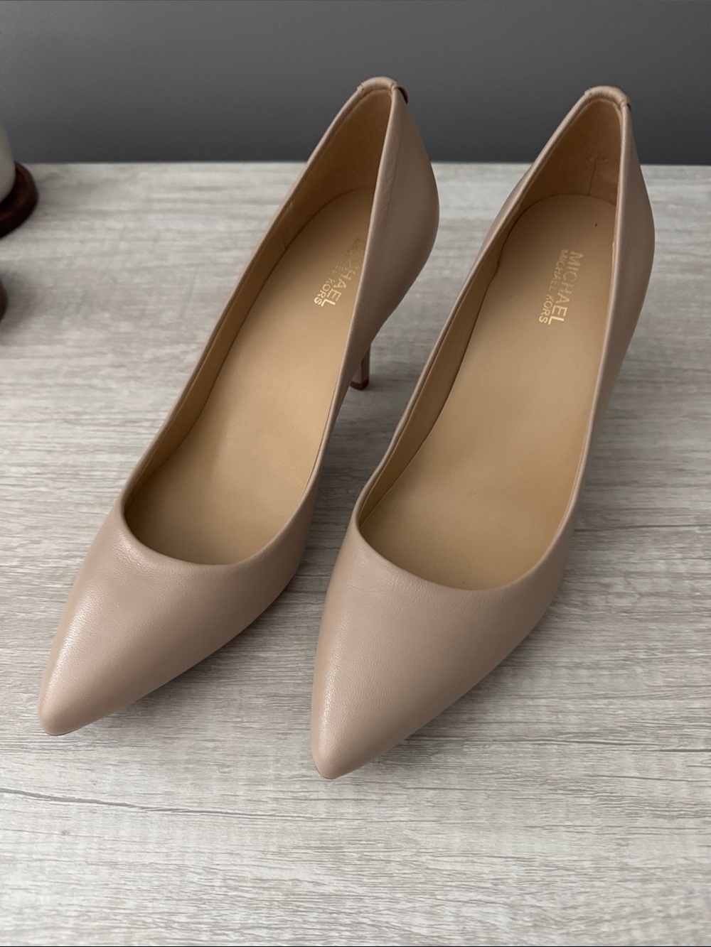 Michael Kors Taupe Pointed-Toe Mid Heel Pumps
